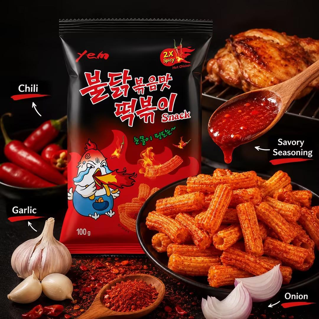YEM Hot Spicy Chicken Rice Cake Strips Puffed Snack 100g | Bold spicy taste, crisp puffed texture, slender strip shape