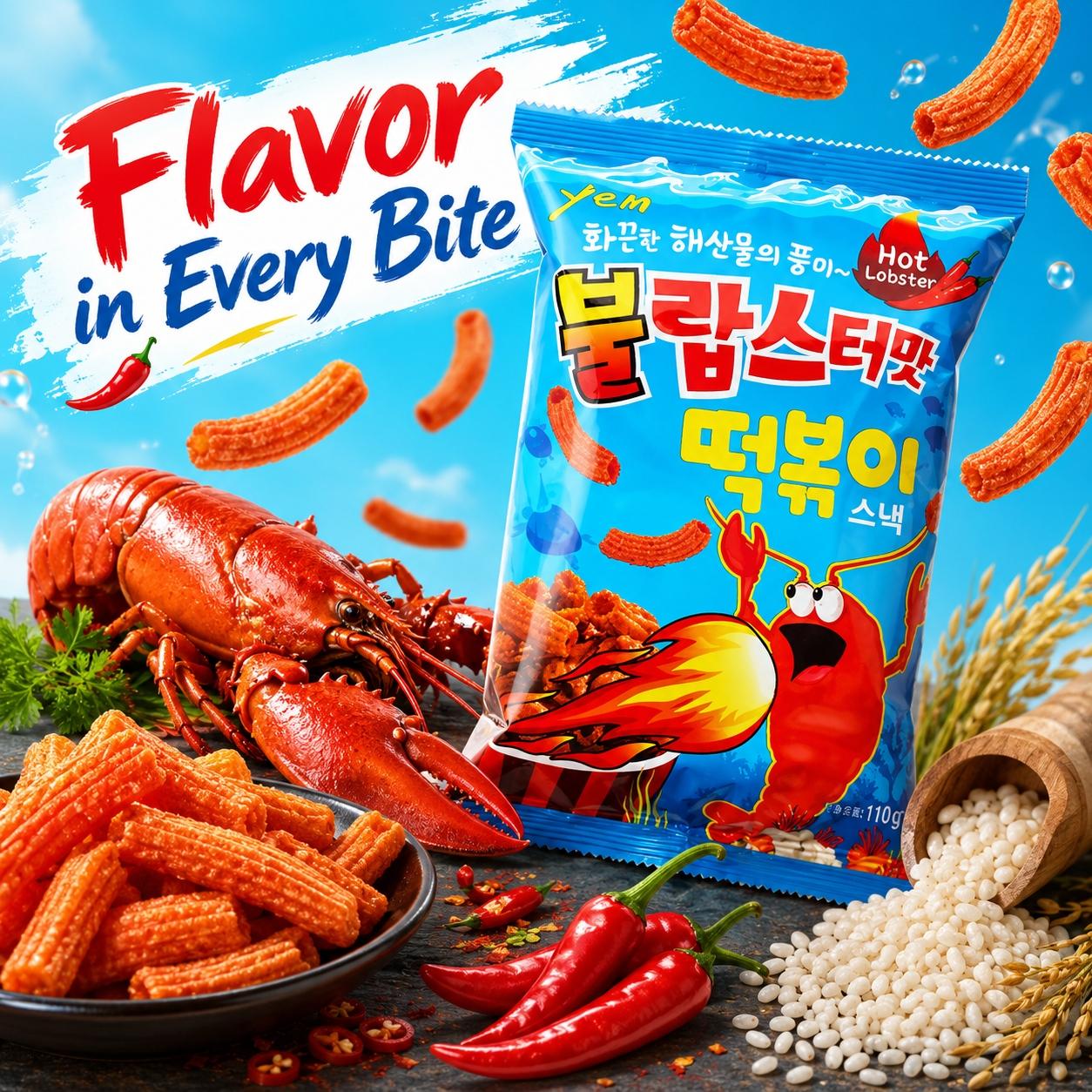 YEM Spicy Lobster Flavor Rice Cake Stick Puffed Snacks 100g | Crispy Crunchy Texture, Spicy Savory Flavor, Convenient Snack
