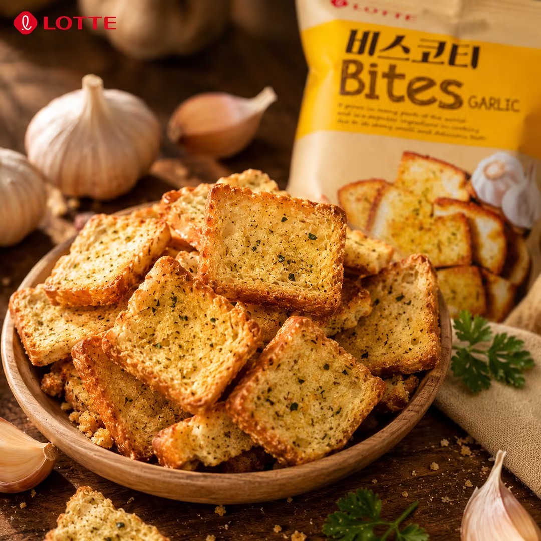 Lotte Garlic‑Flavored Baked Bread Chips 70g garlic flavor,crispy,baked snacks