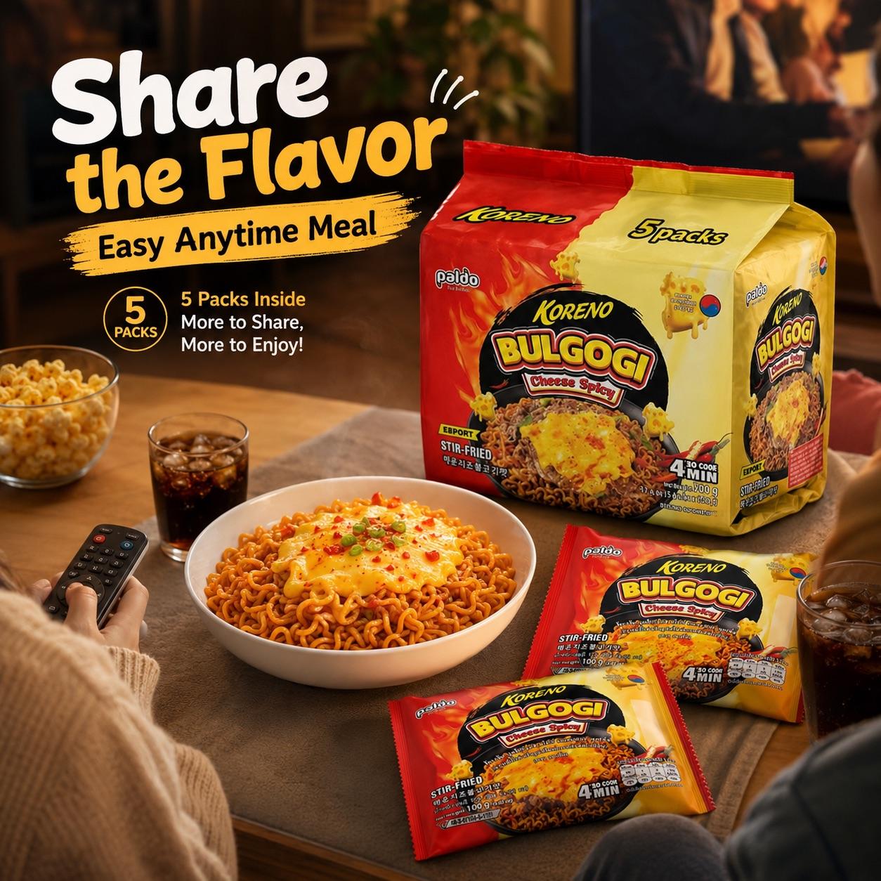 PALDO Spicy Cheese Stir Noodle Multi Pack 100g*5pcs | Creamy spicy cheese sauce, chewy noodles, portable multi-pack