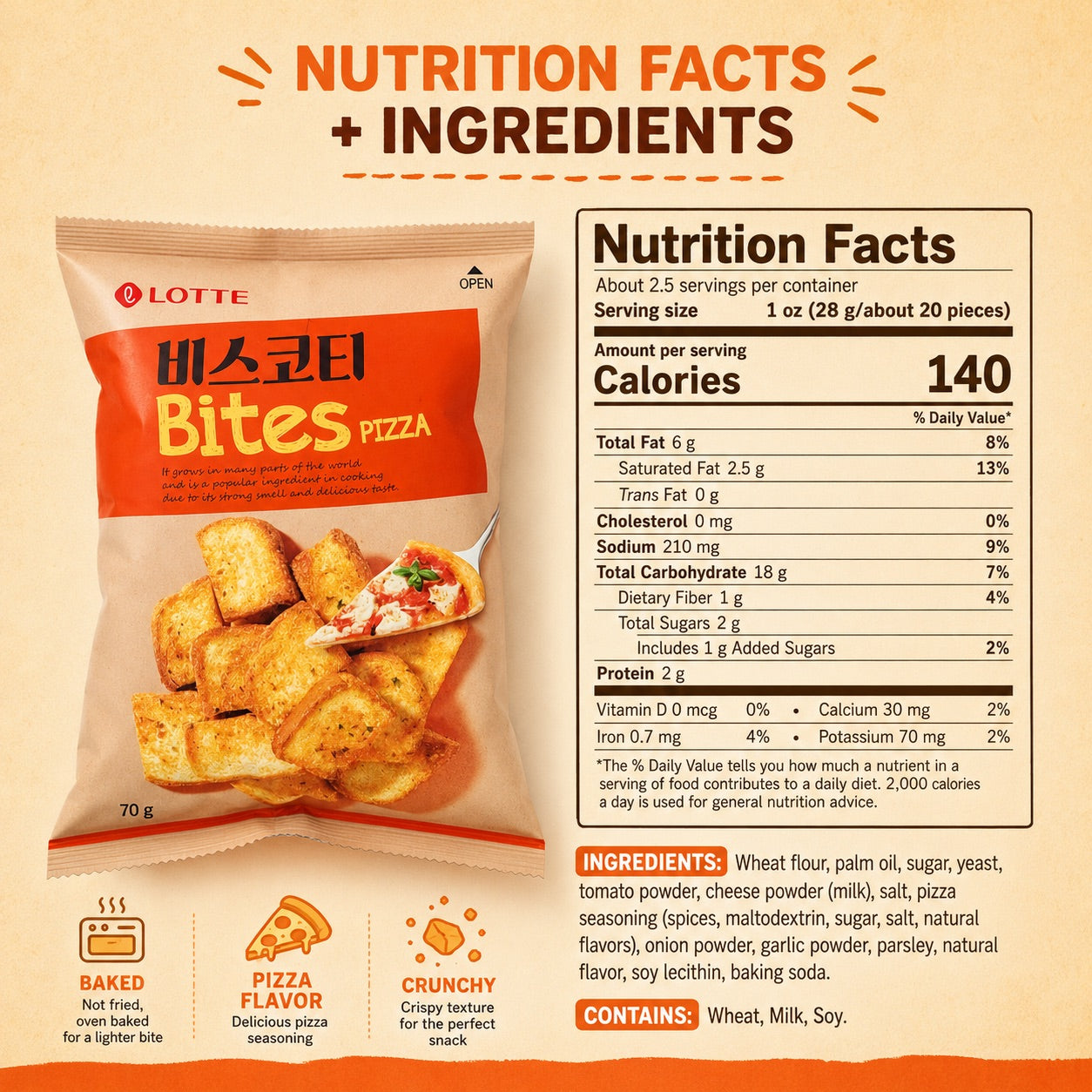 Lotte Pizza‑Flavored Baked Bread Chips 70g pizza‑flavor crispy baked snacks