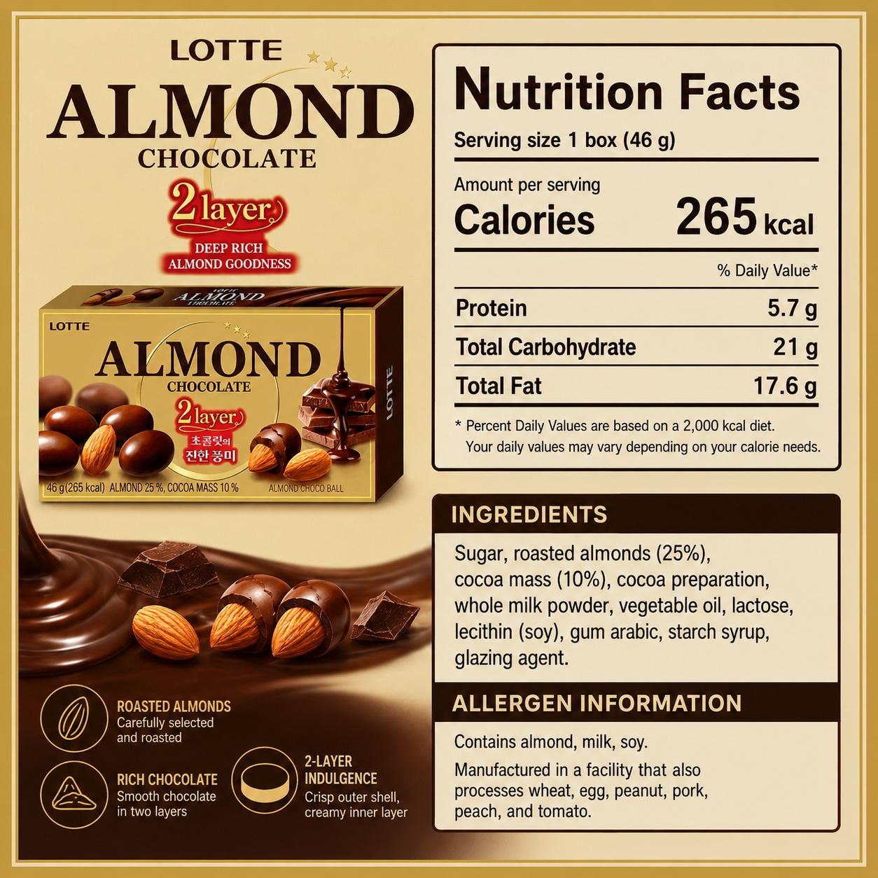 Lotte Almond Filled Chocolate Beans 46g | Rich Chocolate Flavor, Crispy Almond Filling, Convenient Snack