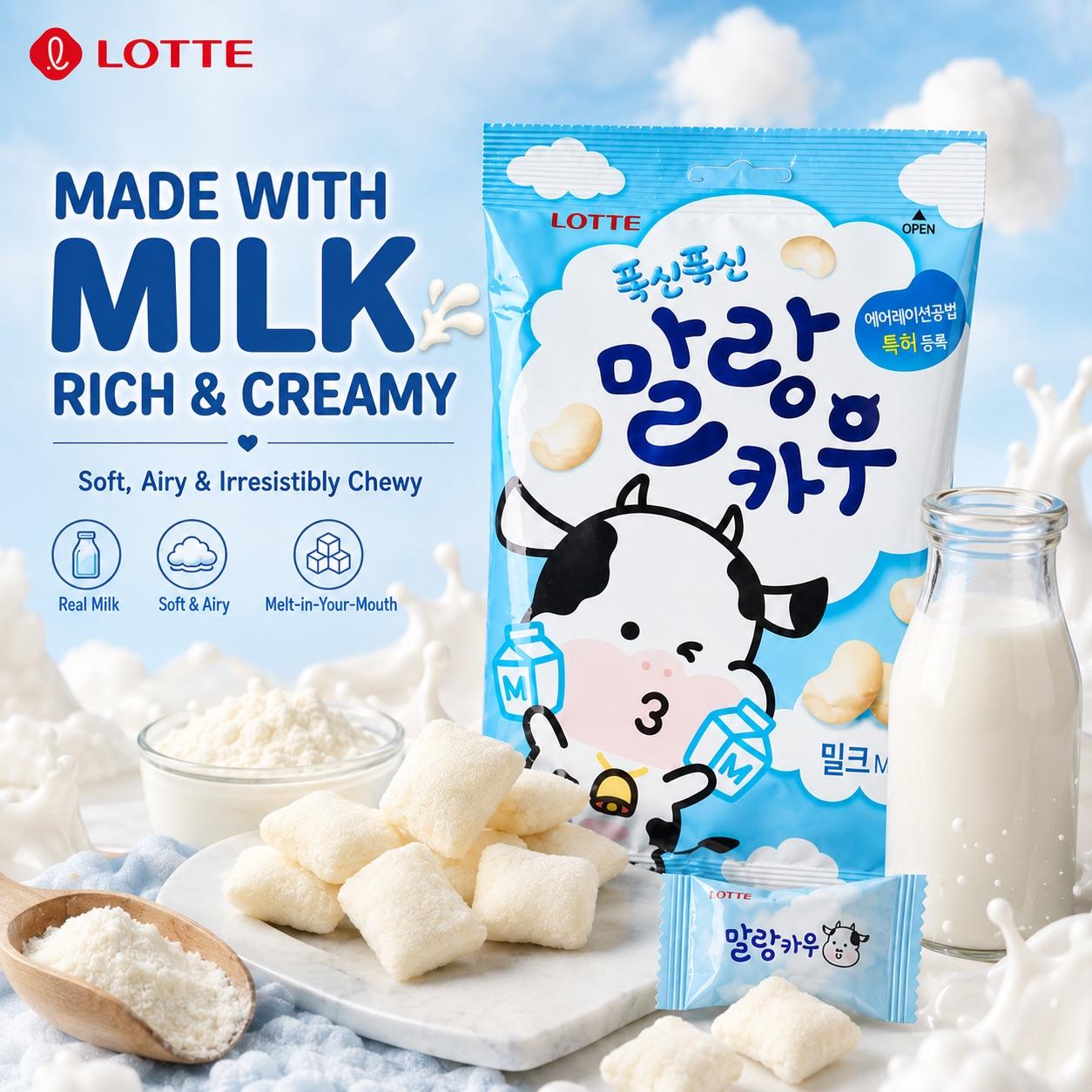Lotte Milk Cow Milk Flavor Aerated Chewy Candy 63g
