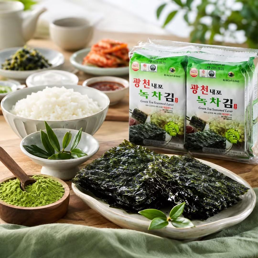 TAEKYUNG Green Tea Seasoned Laver 4g*3pcs | Mild fresh green tea aroma, thin crisp texture, light savory seaweed taste