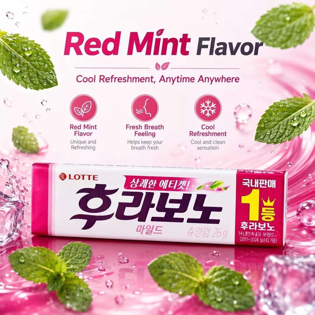 Lotte Red Mint‑flavored Chewing Gum 26g Refreshing mint taste, brings comfortable oral‑fresh feeling