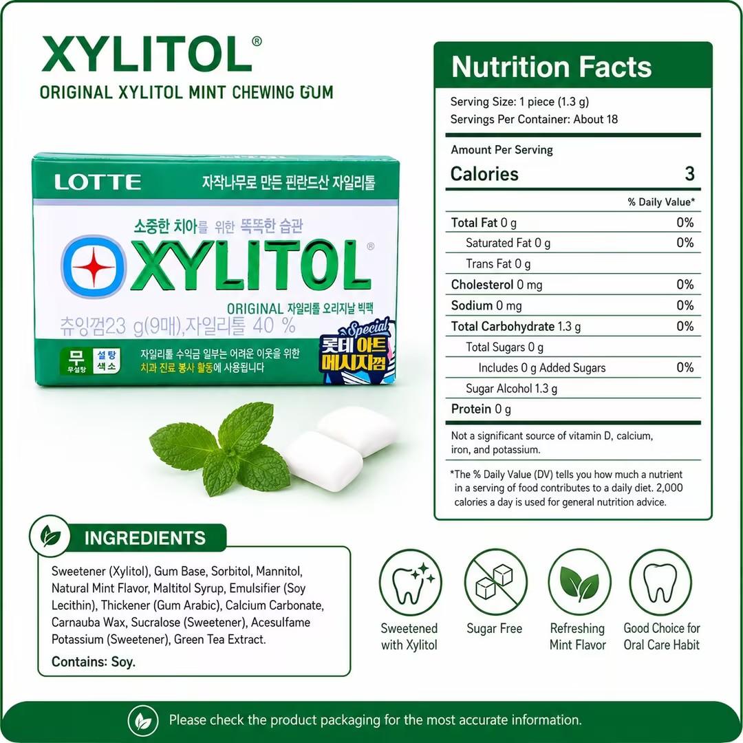 Lotte Green Xylitol Chewing Gum 23g Cool mint flavor, xylitol formula to freshen breath