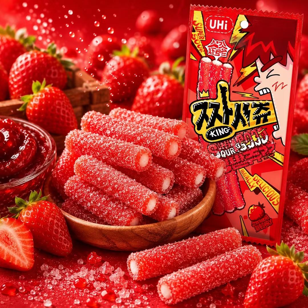 YEM Strawberry Sour Strip Gummy Candy 2pcs | Sour-sweet strawberry flavor, chewy texture, sour sugar outer coating