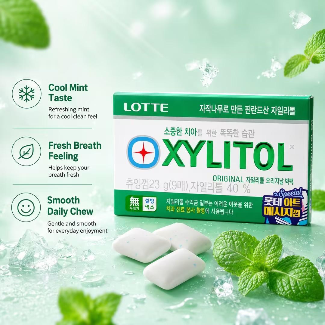 Lotte Green Xylitol Chewing Gum 23g Cool mint flavor, xylitol formula to freshen breath