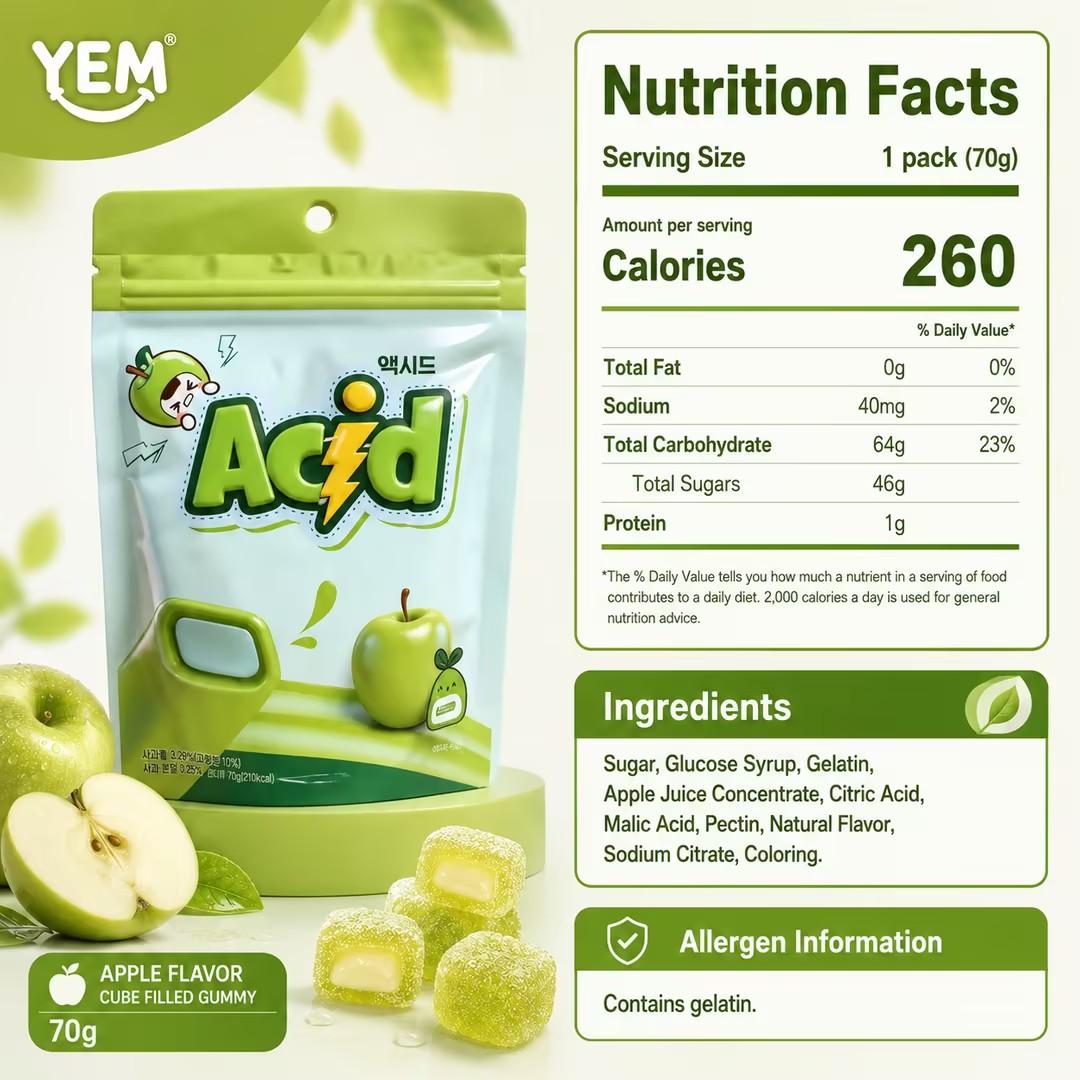 YEM Apple Flavored Cube Filled Gummy Candy 70g | Fresh sweet apple taste, soft bouncy texture, fruity inner filling