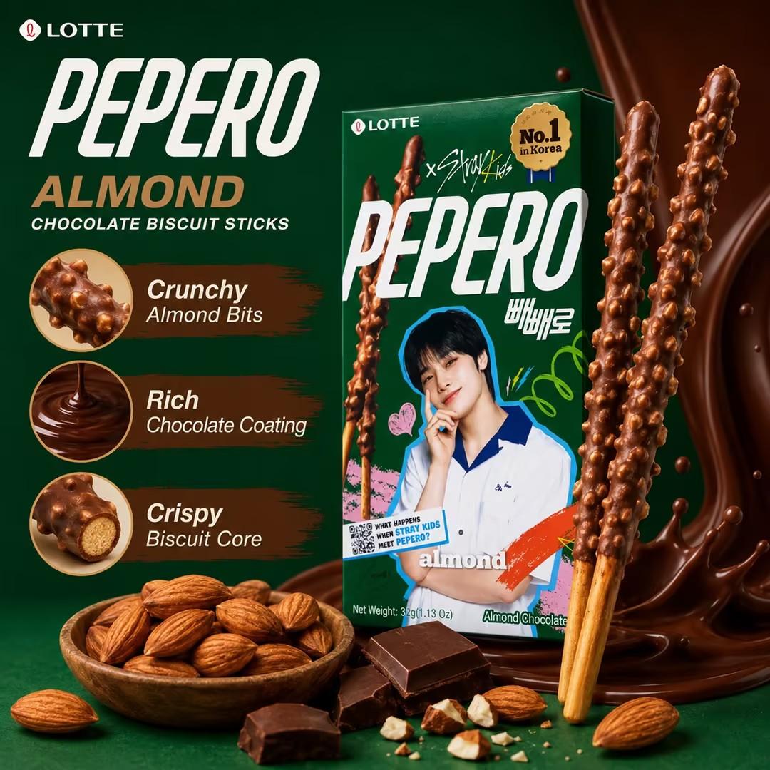 Lotte Pepero Almond Chocolate Biscuit Sticks Boy Group Limited Edition 32g
