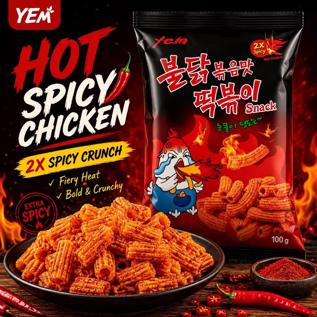 YEM Hot Spicy Chicken Rice Cake Strips Puffed Snack 100g | Bold spicy taste, crisp puffed texture, slender strip shape
