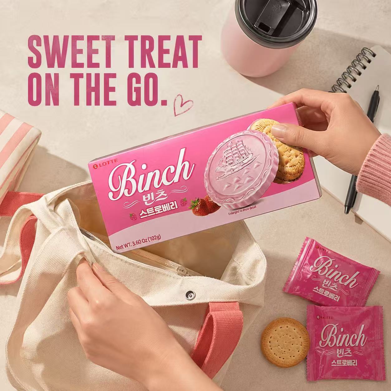 Lotte Binch Strawberry Compound Chocolate Biscuits 102g | Silky Strawberry Coating, Crispy Buttery Biscuit, Individually Packed