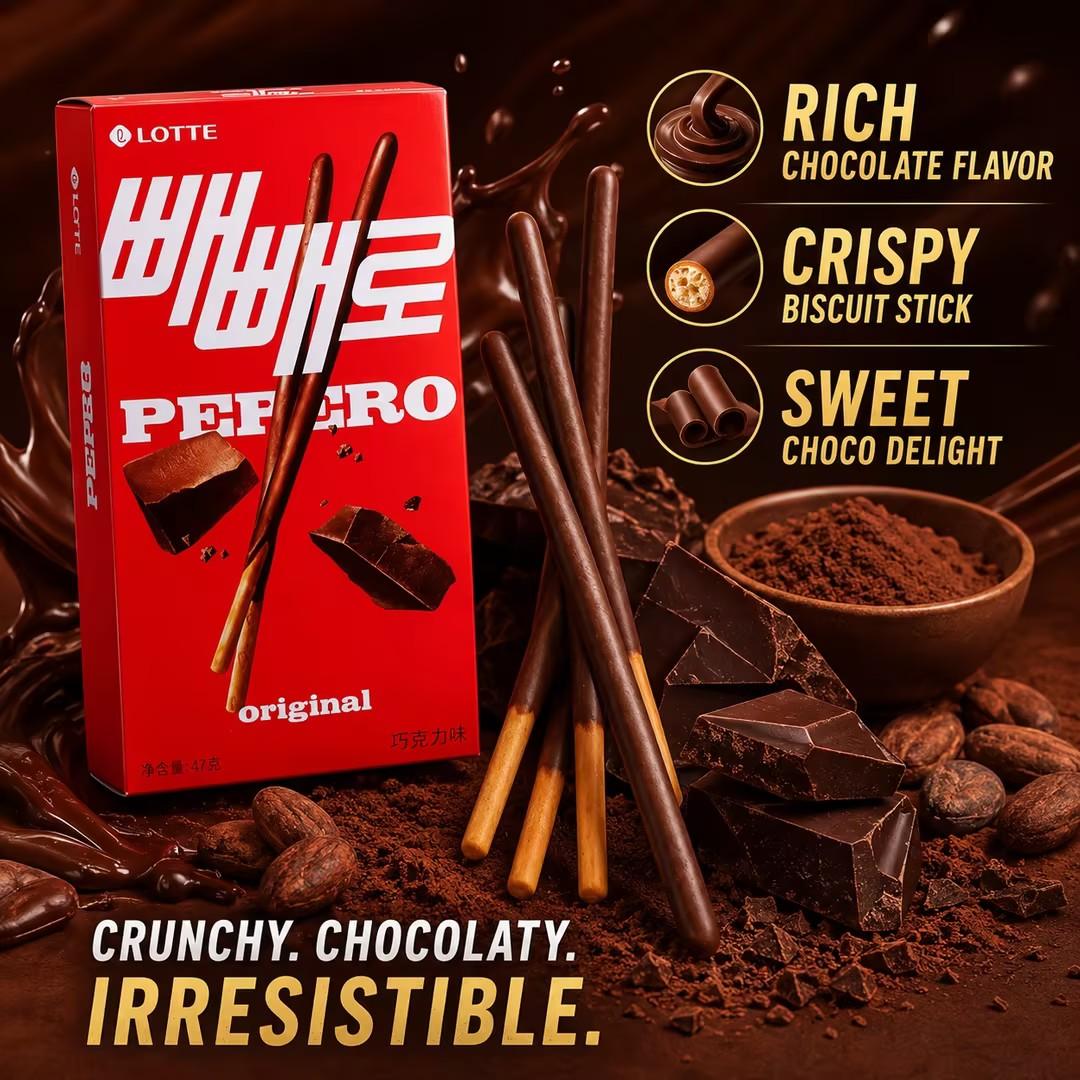 Lotte Pepero Chocolate Flavor Biscuit Sticks 47g | Crispy biscuit sticks coated with smooth chocolate, rich chocolate taste