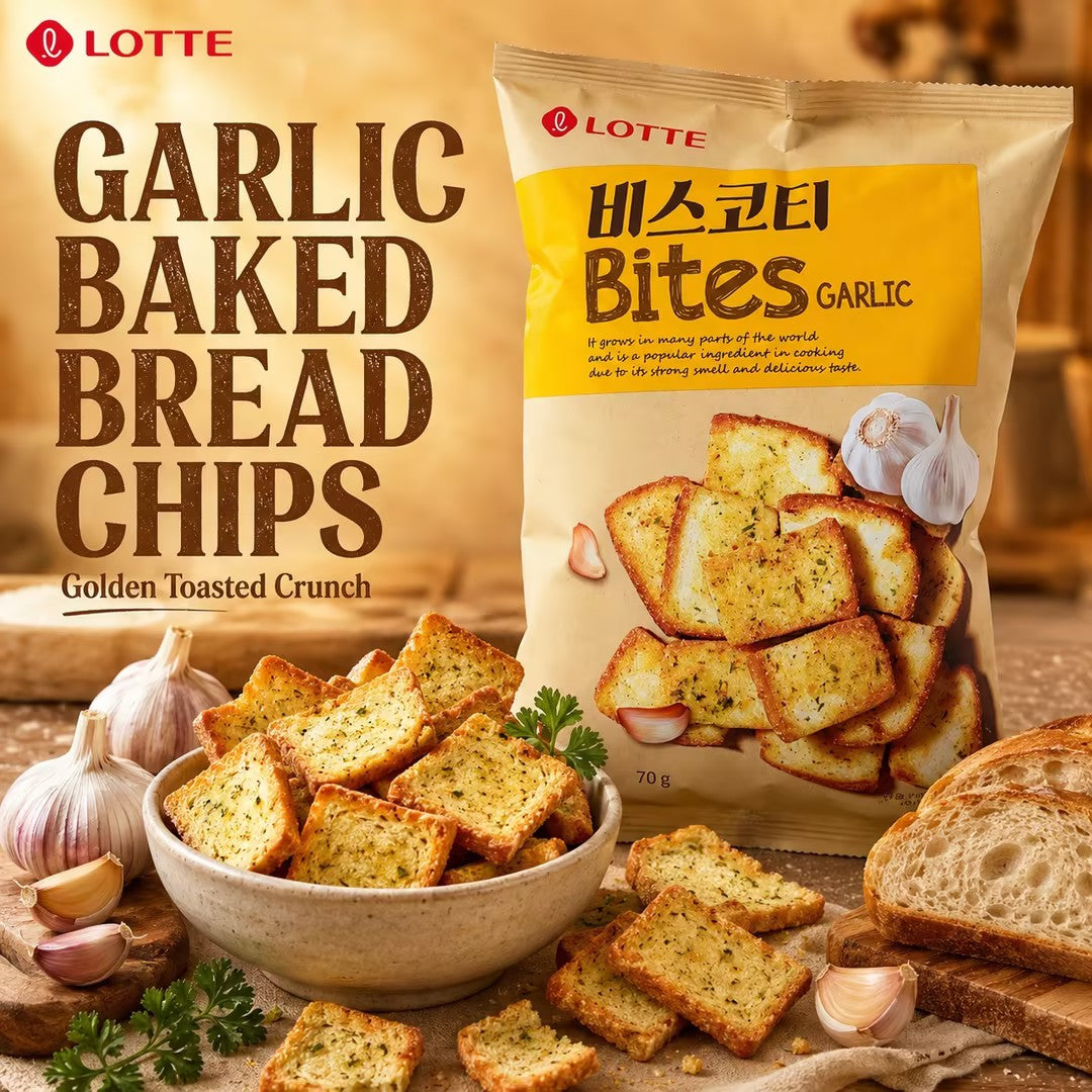 Lotte Garlic‑Flavored Baked Bread Chips 70g garlic flavor,crispy,baked snacks