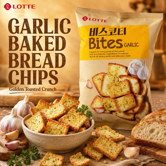 Lotte Garlic‑Flavored Baked Bread Chips 70g garlic flavor,crispy,baked snacks