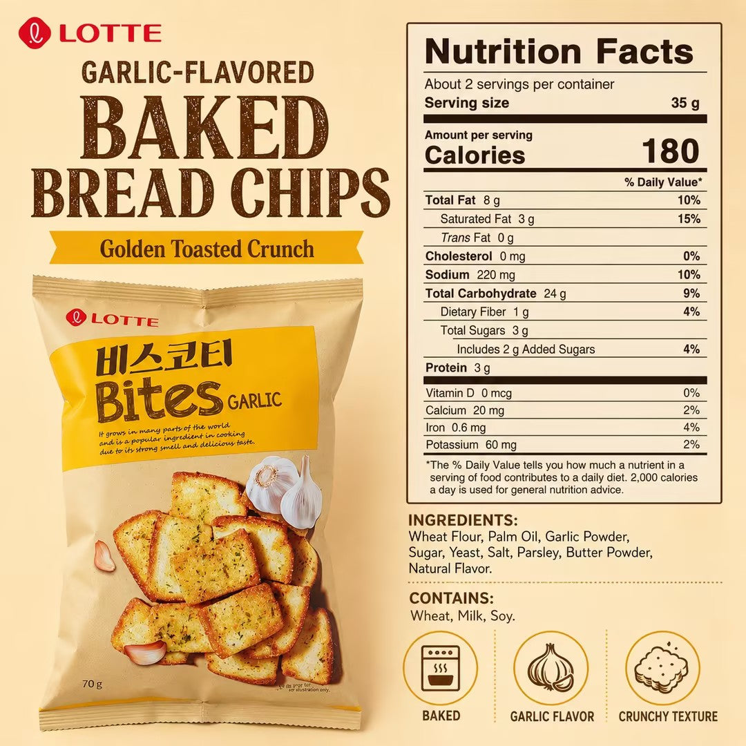 Lotte Garlic‑Flavored Baked Bread Chips 70g garlic flavor,crispy,baked snacks