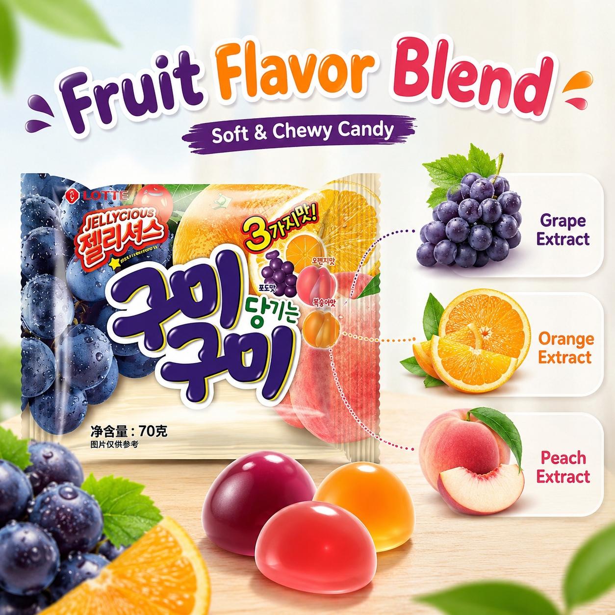 Lotte Mixed Fruit Flavored Soft Candies 70g | Rich Mixed Fruit Flavor, Chewy Texture, Convenient Snack