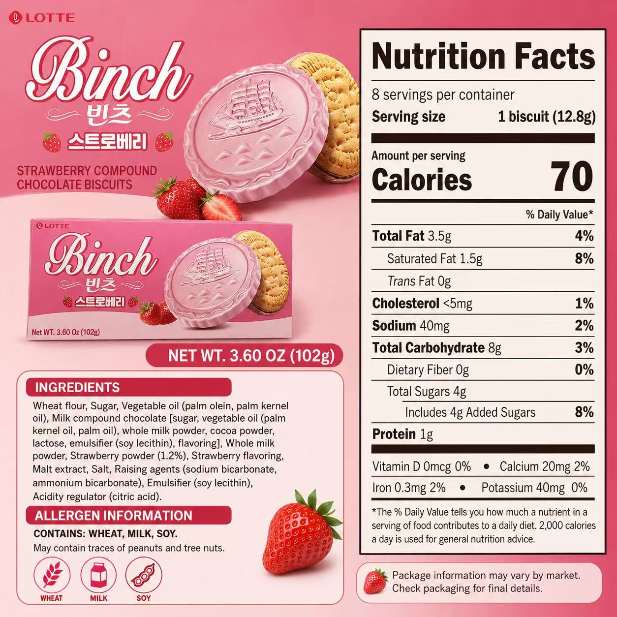 Lotte Binch Strawberry Compound Chocolate Biscuits 102g | Silky Strawberry Coating, Crispy Buttery Biscuit, Individually Packed