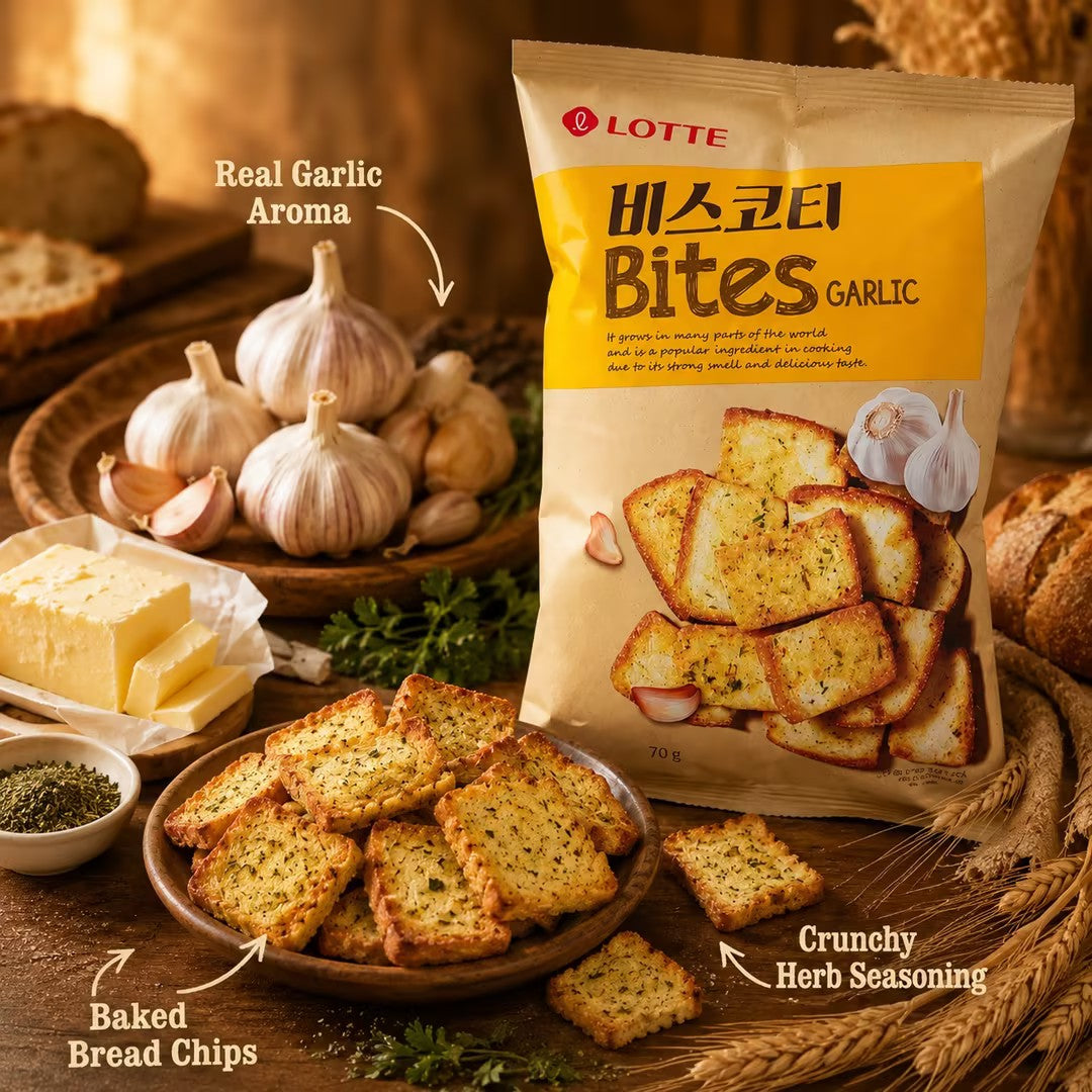 Lotte Garlic‑Flavored Baked Bread Chips 70g garlic flavor,crispy,baked snacks