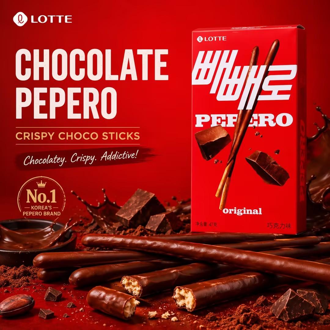 Lotte Pepero Chocolate Flavor Biscuit Sticks 47g | Crispy biscuit sticks coated with smooth chocolate, rich chocolate taste