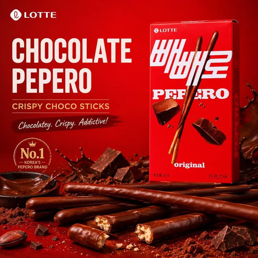 Lotte Pepero Chocolate Flavor Biscuit Sticks 47g | Crispy biscuit sticks coated with smooth chocolate, rich chocolate taste