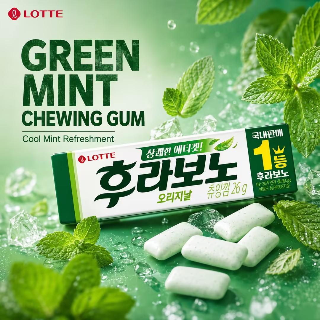 Lotte Green Mint‑flavored Chewing Gum 26g Cool mint flavour to freshen your mouth