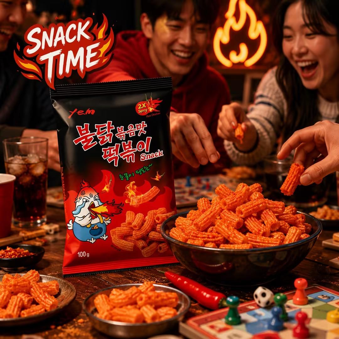 YEM Hot Spicy Chicken Rice Cake Strips Puffed Snack 100g | Bold spicy taste, crisp puffed texture, slender strip shape