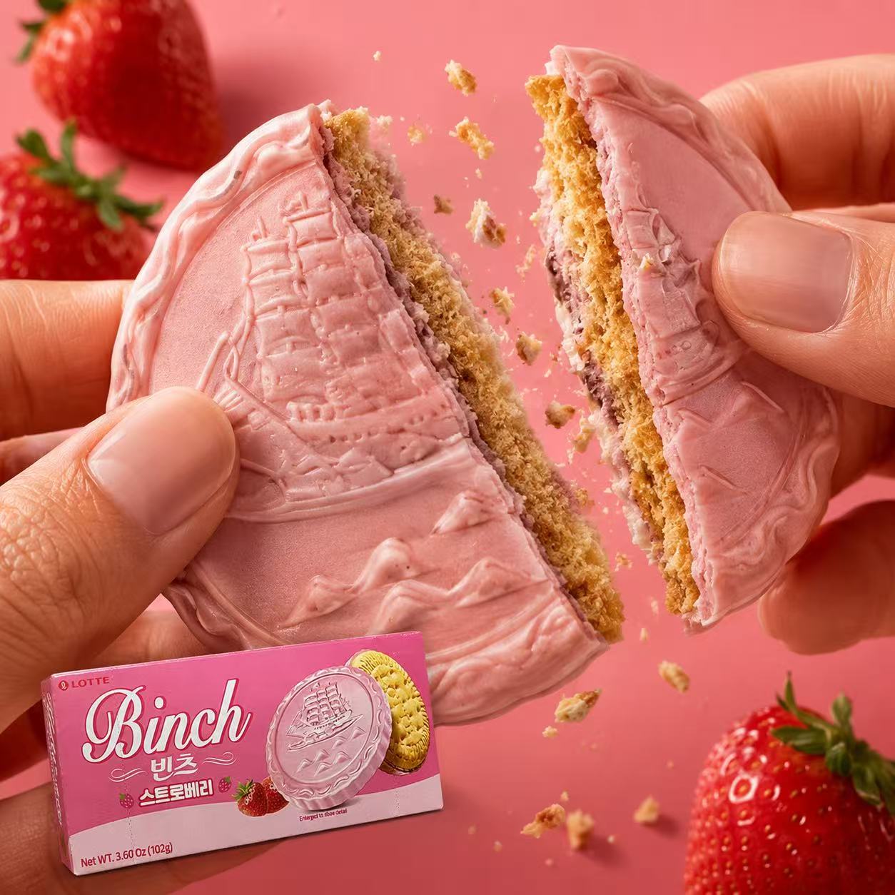 Lotte Binch Strawberry Compound Chocolate Biscuits 102g | Silky Strawberry Coating, Crispy Buttery Biscuit, Individually Packed
