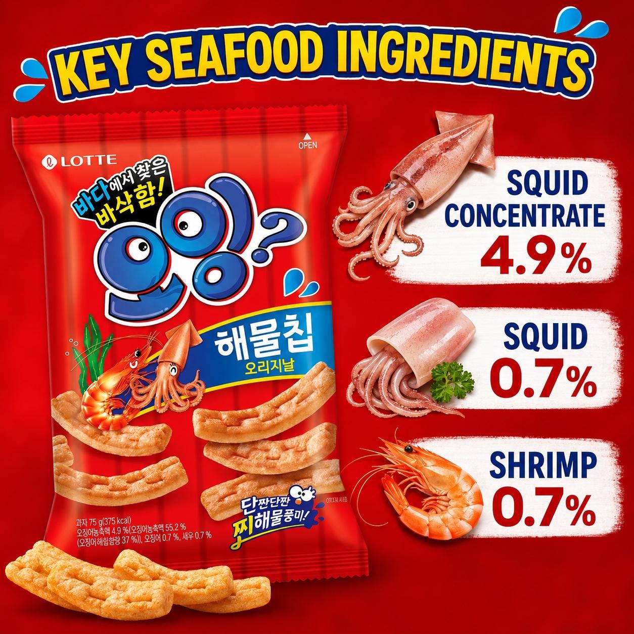 Lotte Squid & Shrimp Flavored Crisp Sticks 75g | Presenting Crispy Texture, Savory Seafood Flavor, Convenient Snack