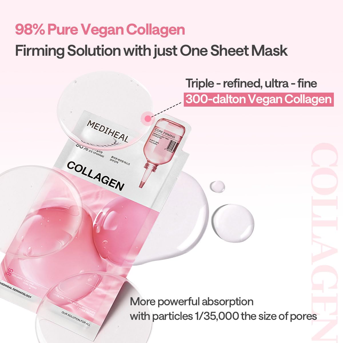 Mediheal Collagen Essential Sheet Mask Core Firming 11 Pcs. 98% Vegan Collagen for Firming, Elasticity, and Skin Density Improvement.