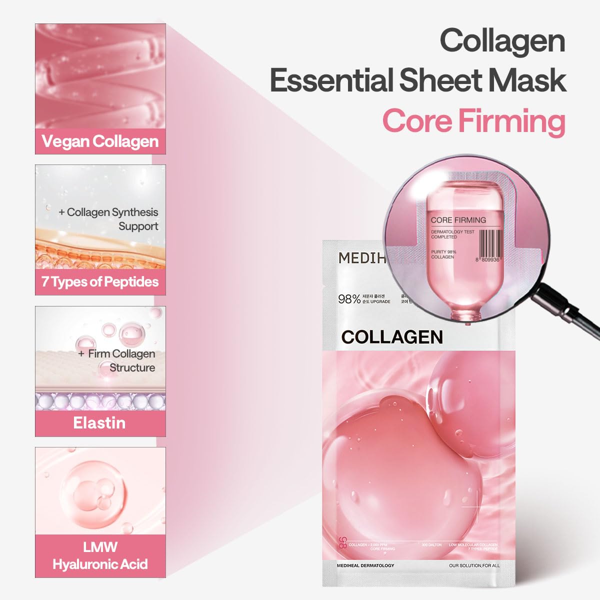 Mediheal Collagen Essential Sheet Mask Core Firming 11 Pcs. 98% Vegan Collagen for Firming, Elasticity, and Skin Density Improvement.