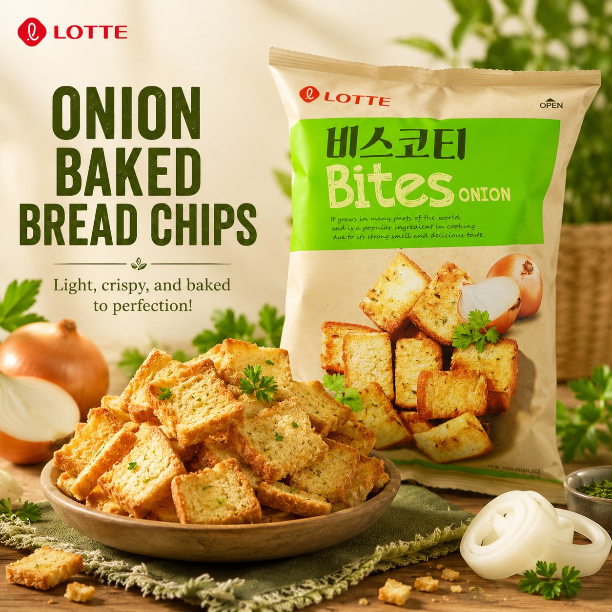 Lotte Scallion‑Flavored Baked Bread Chips 70g scallion‑flavor crispy baked snacks