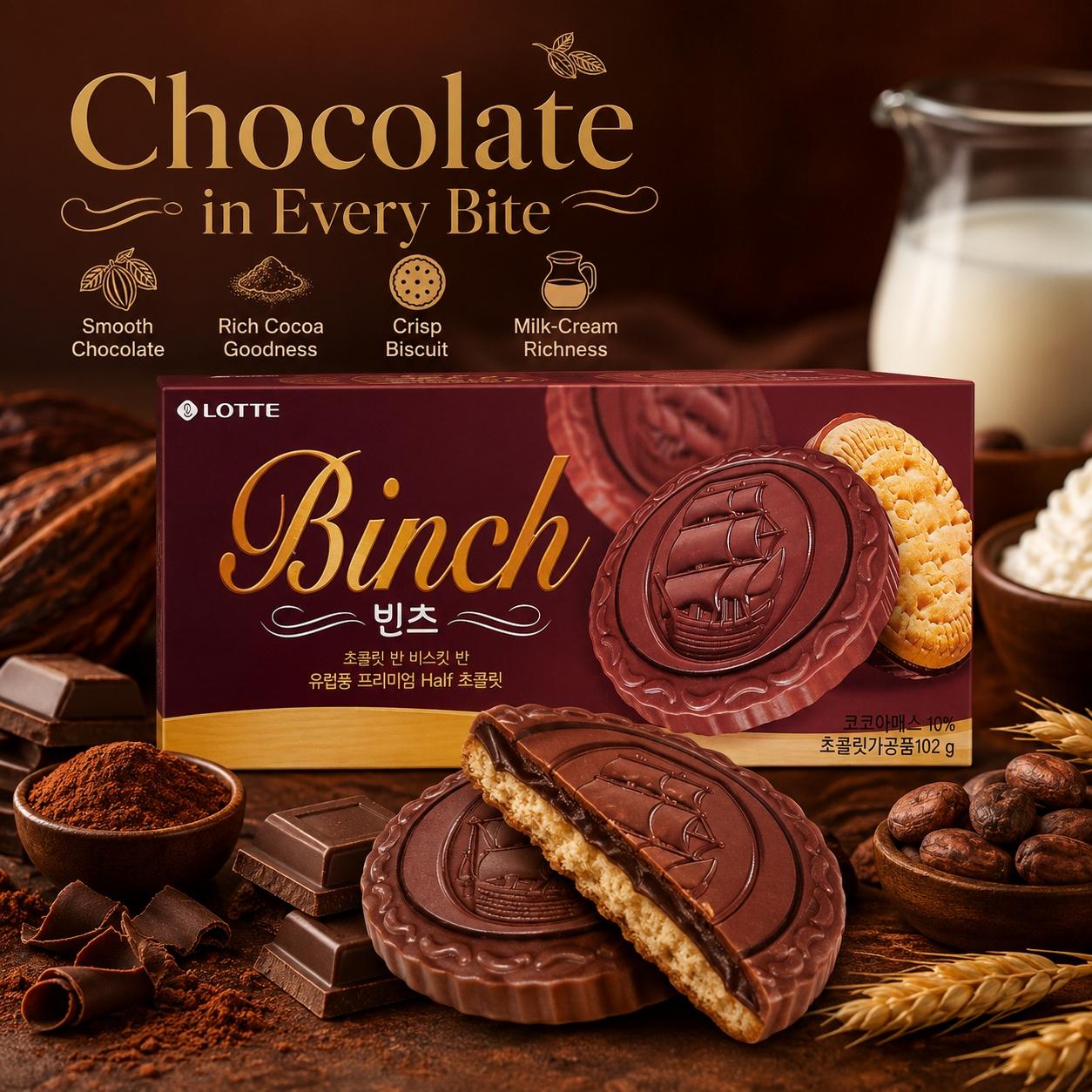 Lotte Binch Compound Chocolate Biscuits 102g | Crispy Biscuit Texture, Rich Chocolate Flavor, Convenient Snack