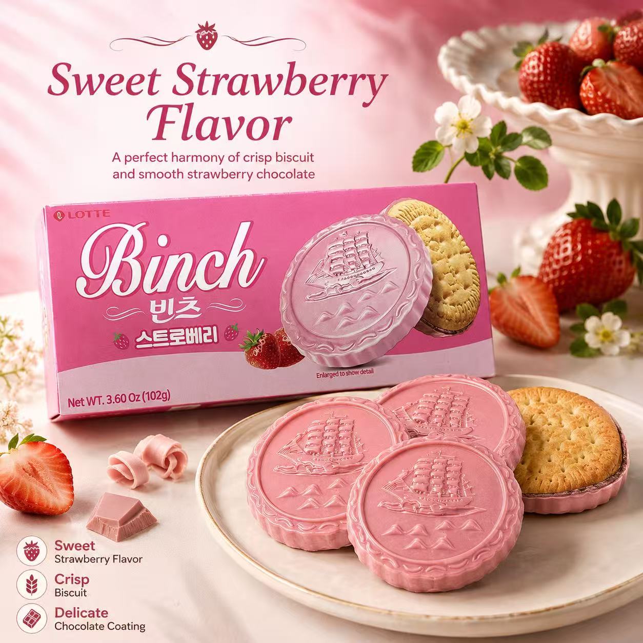 Lotte Binch Strawberry Compound Chocolate Biscuits 102g | Silky Strawberry Coating, Crispy Buttery Biscuit, Individually Packed