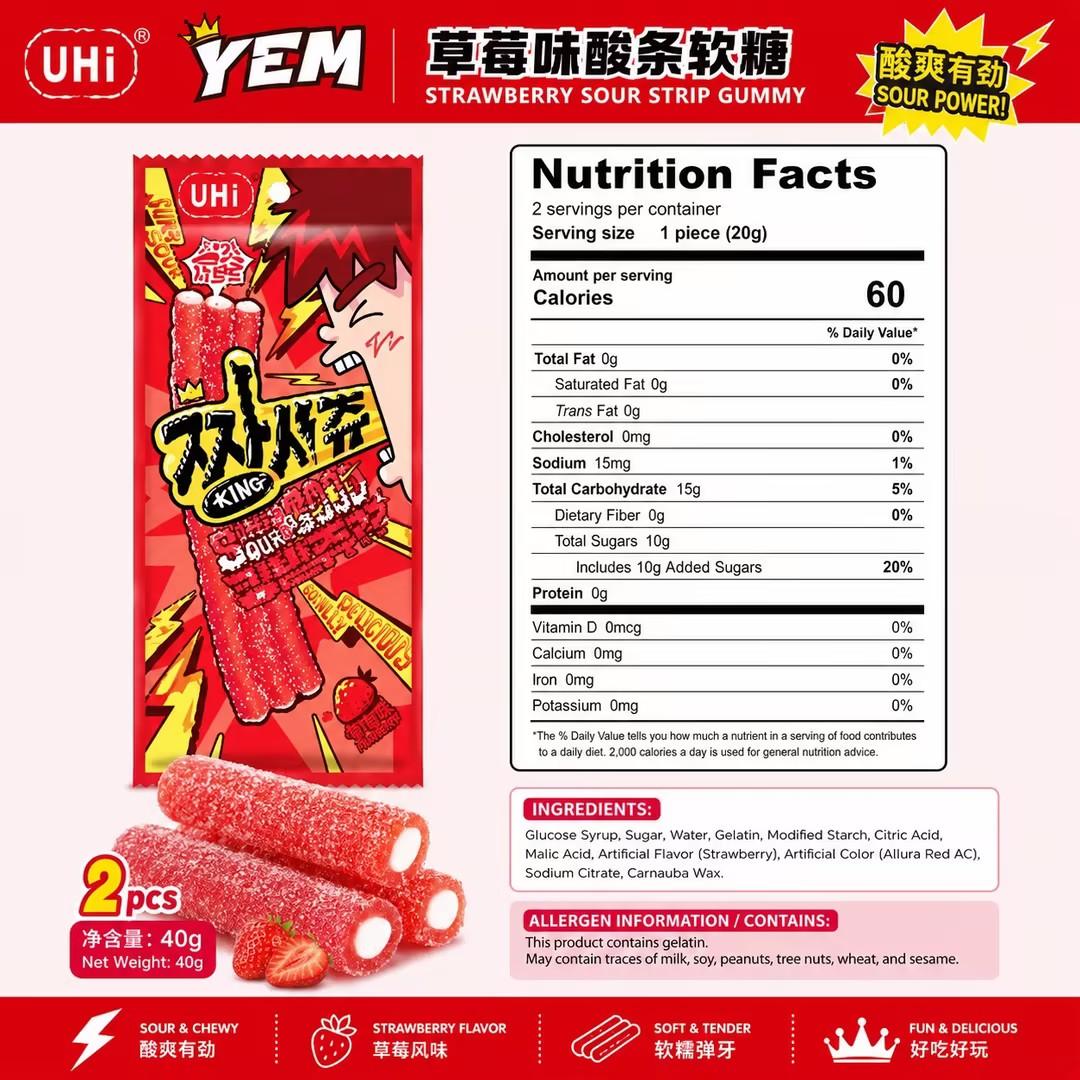 YEM Strawberry Sour Strip Gummy Candy 2pcs | Sour-sweet strawberry flavor, chewy texture, sour sugar outer coating