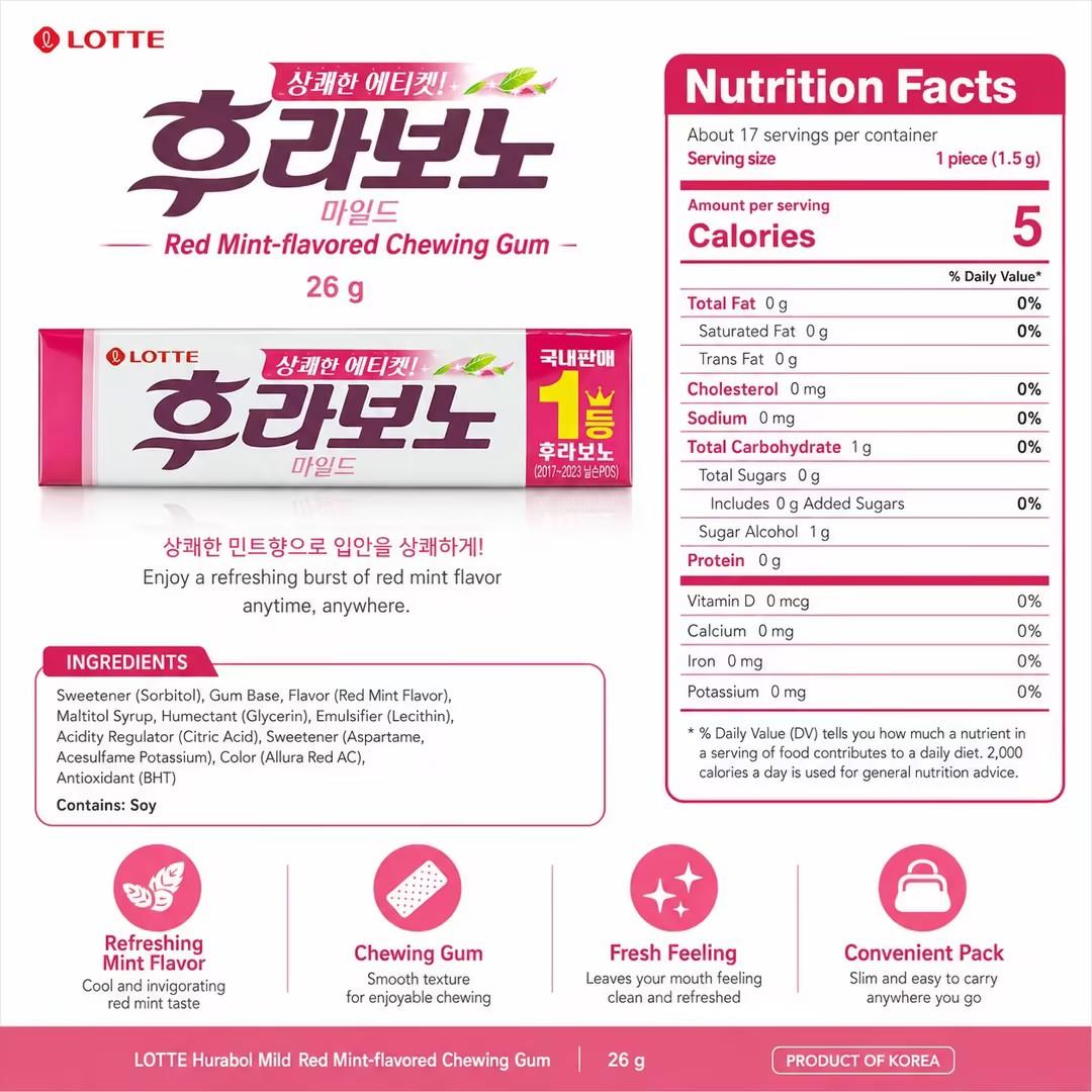 Lotte Red Mint‑flavored Chewing Gum 26g Refreshing mint taste, brings comfortable oral‑fresh feeling