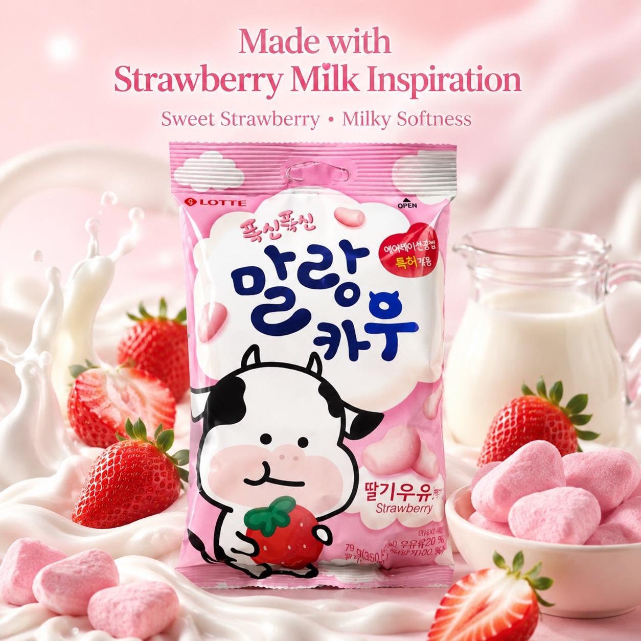 Lotte Cow‑Shaped Strawberry‑Milk Flavor Aerated Chewy Candy 63g