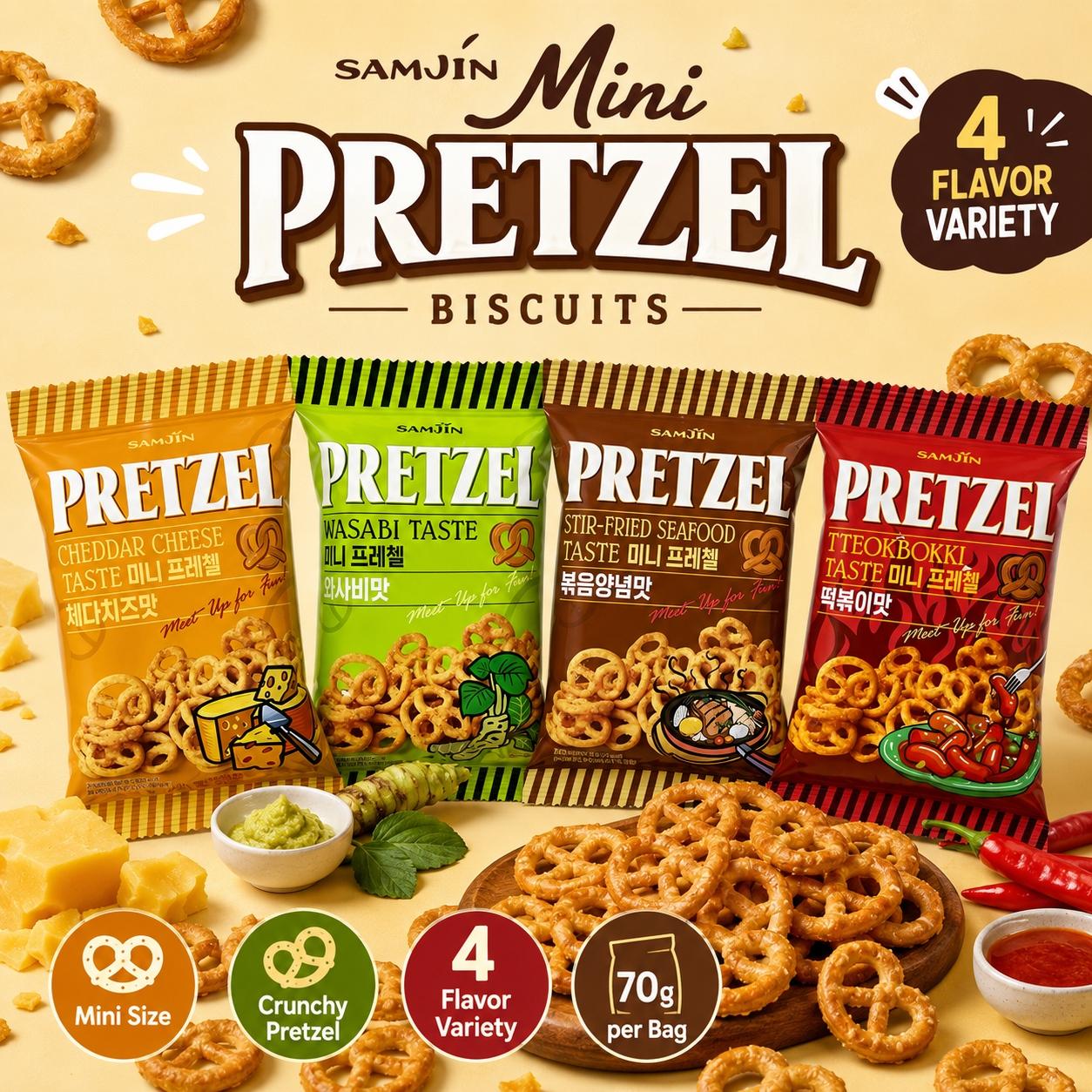 SAMJIN Mini Pretzel Biscuits 70g, 4 flavors | Crispy Crunchy Texture, Rich Flavor, Convenient Snack
