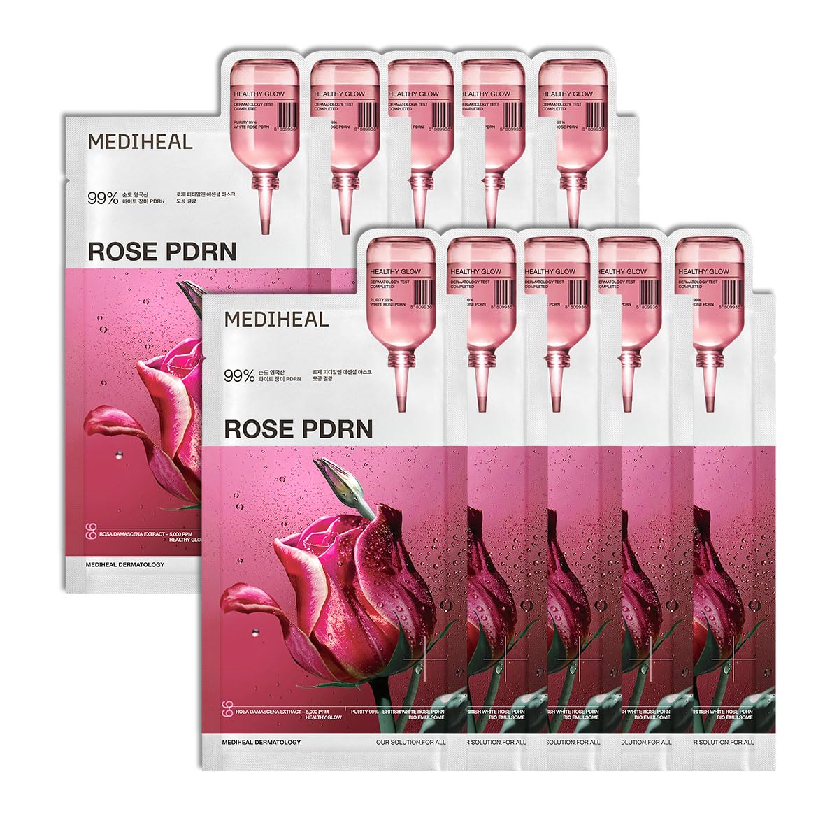 Mediheal Rose PDRN Essential Sheet Mask 11 Pcs. 99% Pure White Rose PDRN & Hyaluronic Acid for Hydrating, Firming, and Enhancing Moisture Barrier, Skin Firmness, and Glow