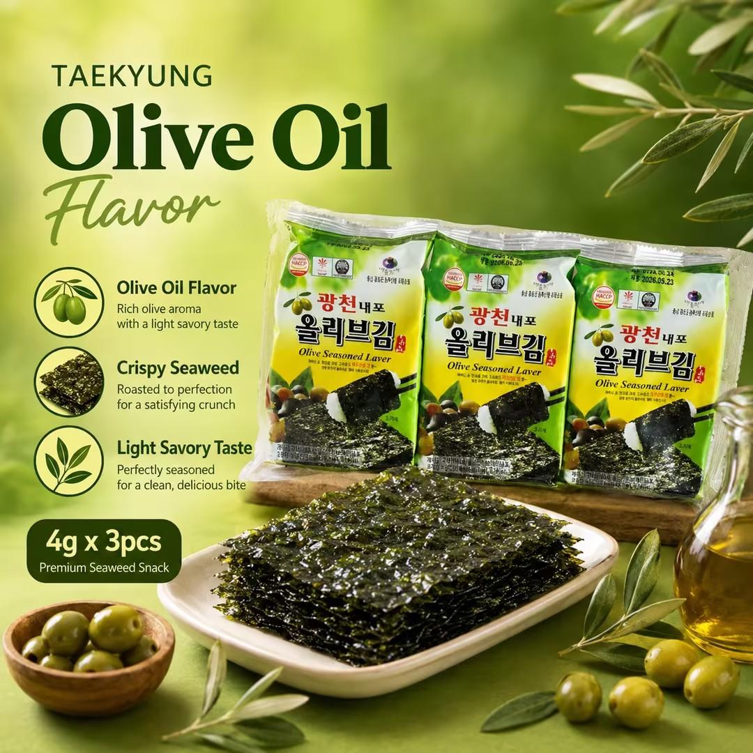 TAEKYUNG Olive Oil Seasoned Laver 4g*3pcs | Rich olive oil aroma, thin crisp texture, mild savory seaweed taste