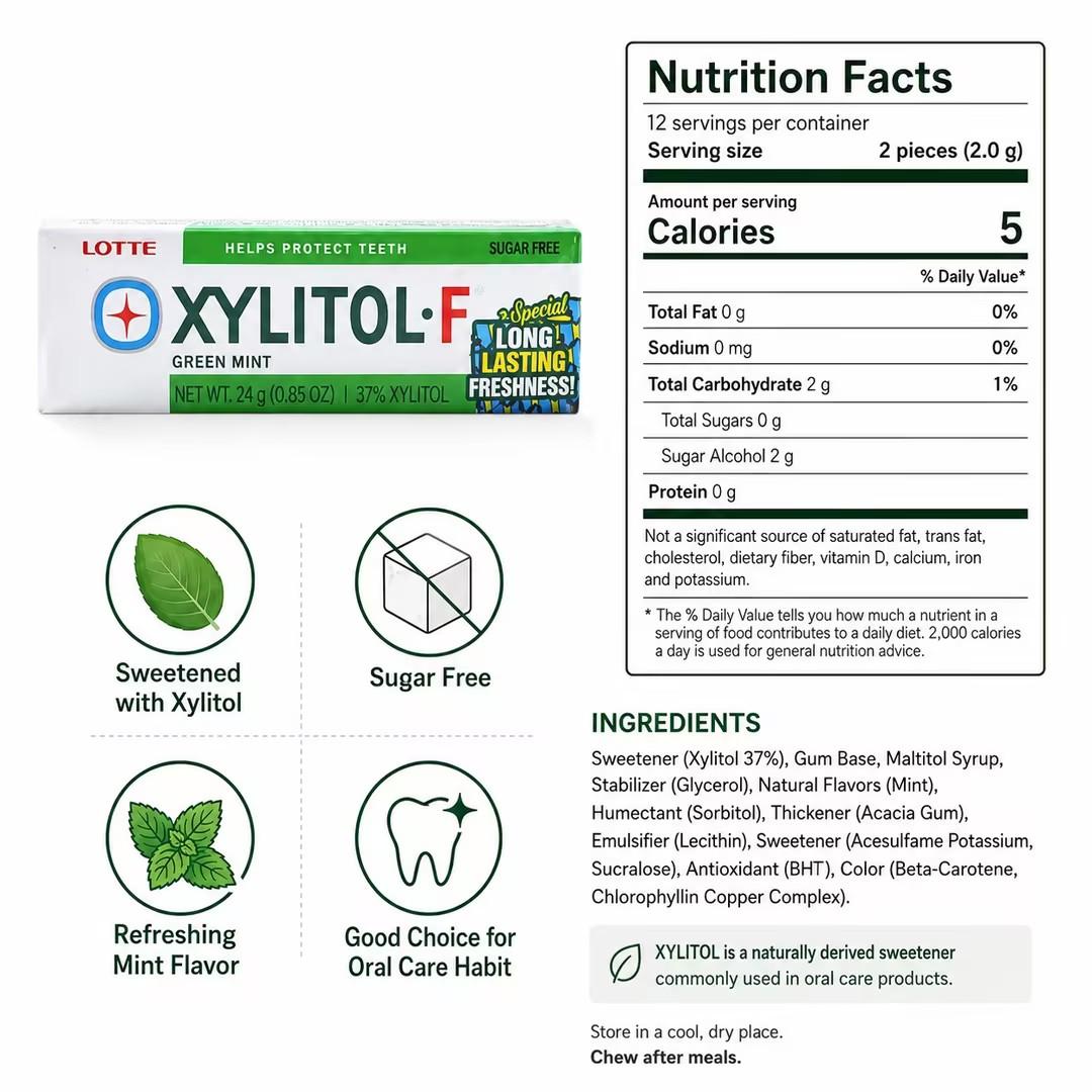 Lotte Green Xylitol Chewing Gum 24g Cool mint taste, xylitol composition, delivers fresh‑breath feeling