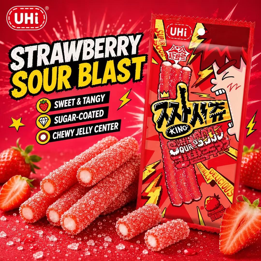 YEM Strawberry Sour Strip Gummy Candy 2pcs | Sour-sweet strawberry flavor, chewy texture, sour sugar outer coating