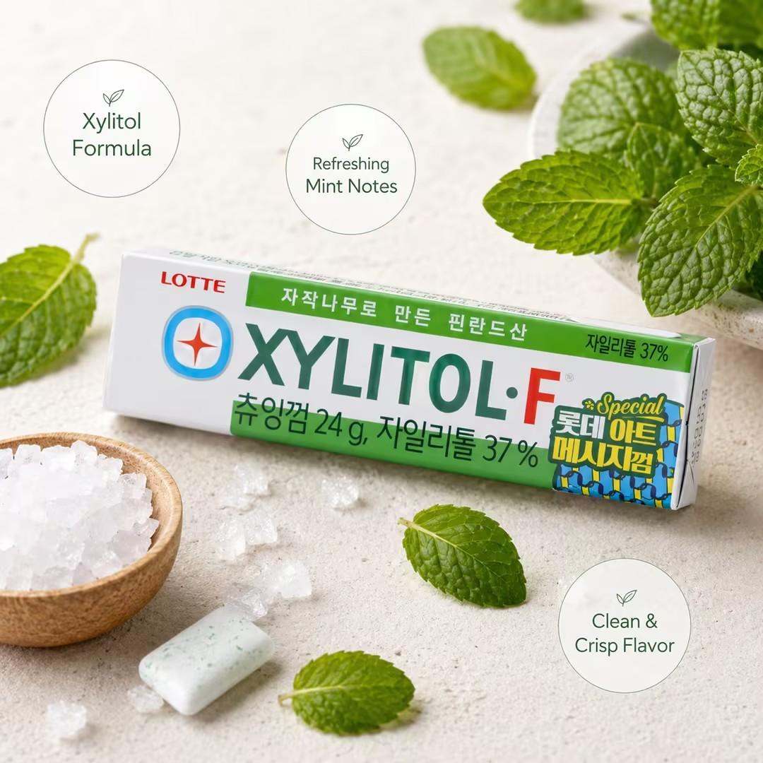 Lotte Green Xylitol Chewing Gum 24g Cool mint taste, xylitol composition, delivers fresh‑breath feeling