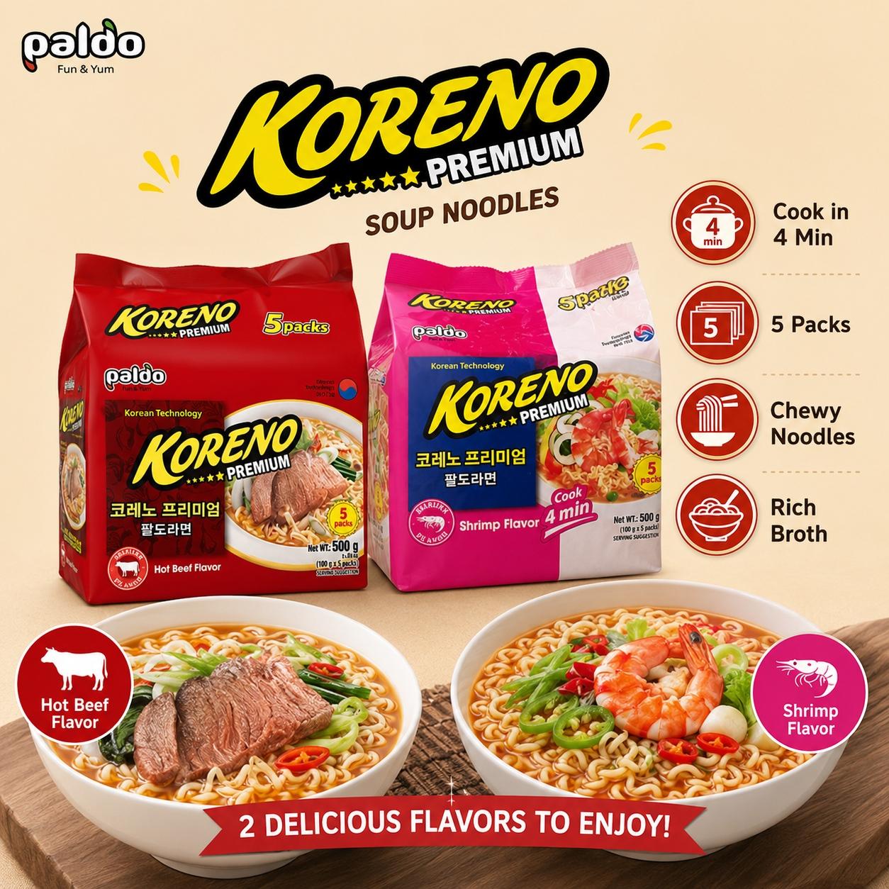 PALDO Soup Noodle Multi-Pack 100g*5, 2 flavors | Rich Soup Flavor, Chewy Noodle Texture, Convenient Instant Food