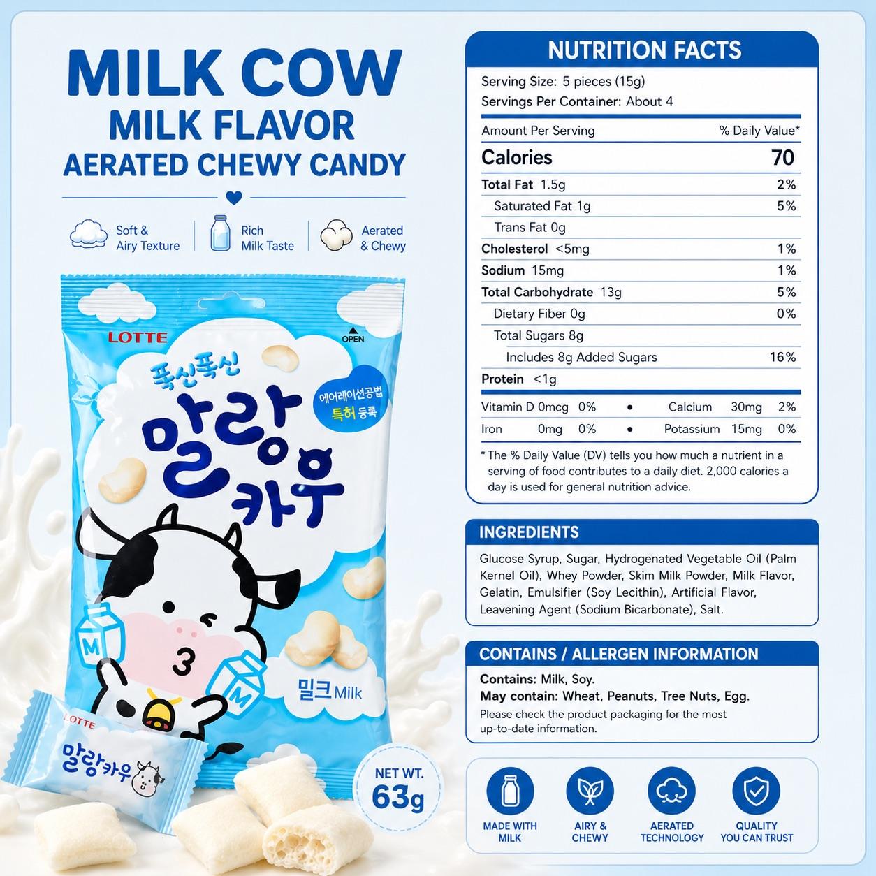 Lotte Milk Cow Milk Flavor Aerated Chewy Candy 63g
