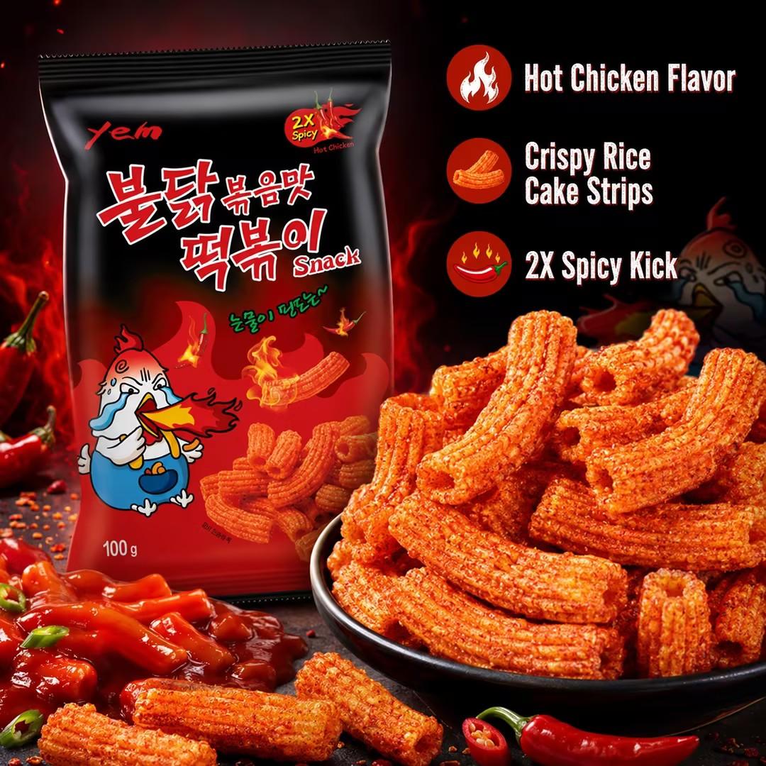 YEM Hot Spicy Chicken Rice Cake Strips Puffed Snack 100g | Bold spicy taste, crisp puffed texture, slender strip shape