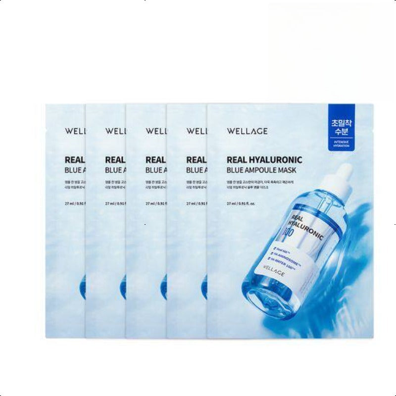 WELLAGE Real Hyaluronic Blue Ampoule Face Mask 5ea,For Sensitive Skin