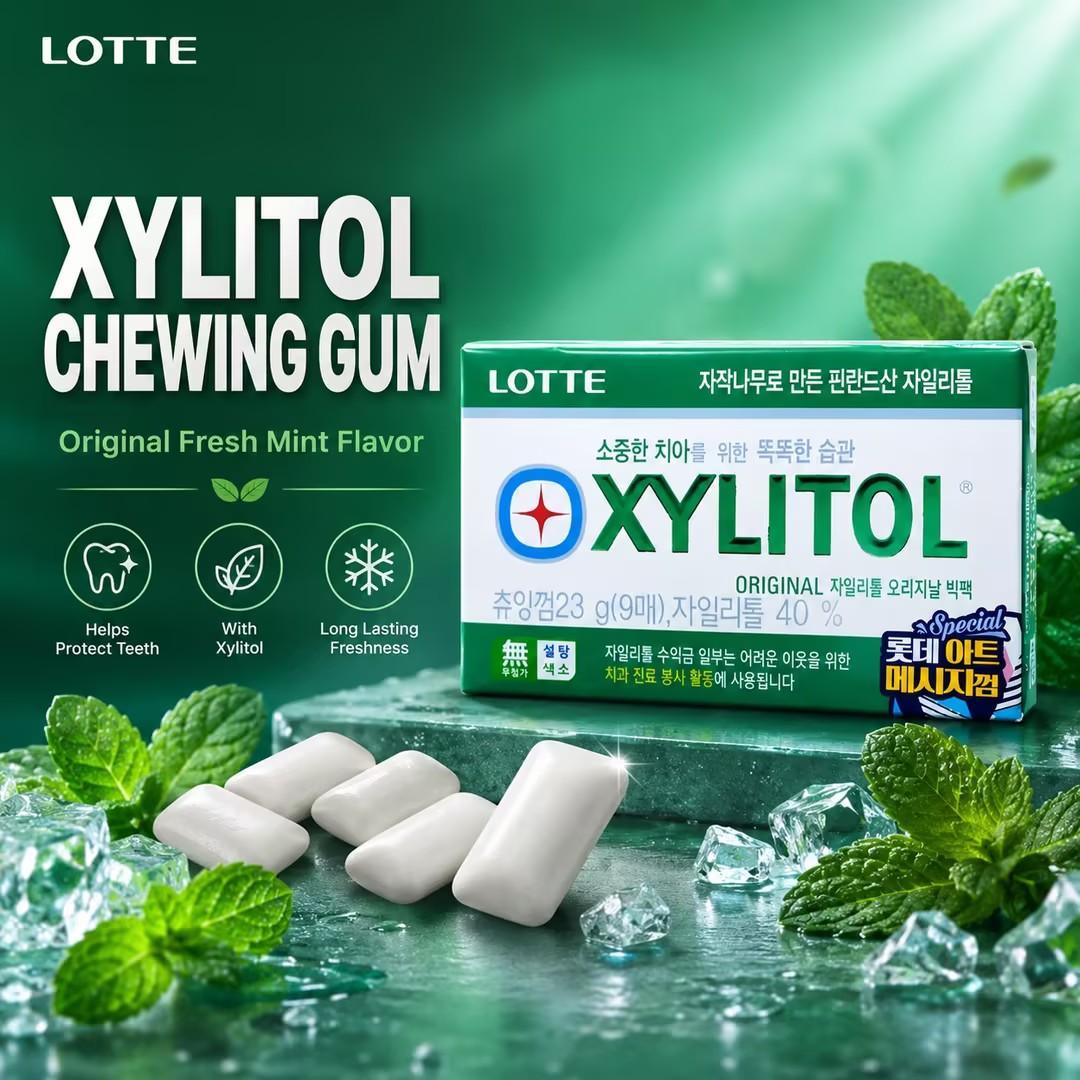 Lotte Green Xylitol Chewing Gum 23g Cool mint flavor, xylitol formula to freshen breath