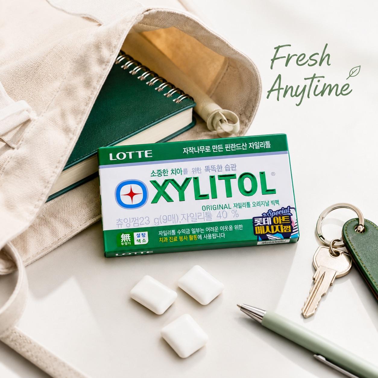 Lotte Green Xylitol Chewing Gum 23g Cool mint flavor, xylitol formula to freshen breath