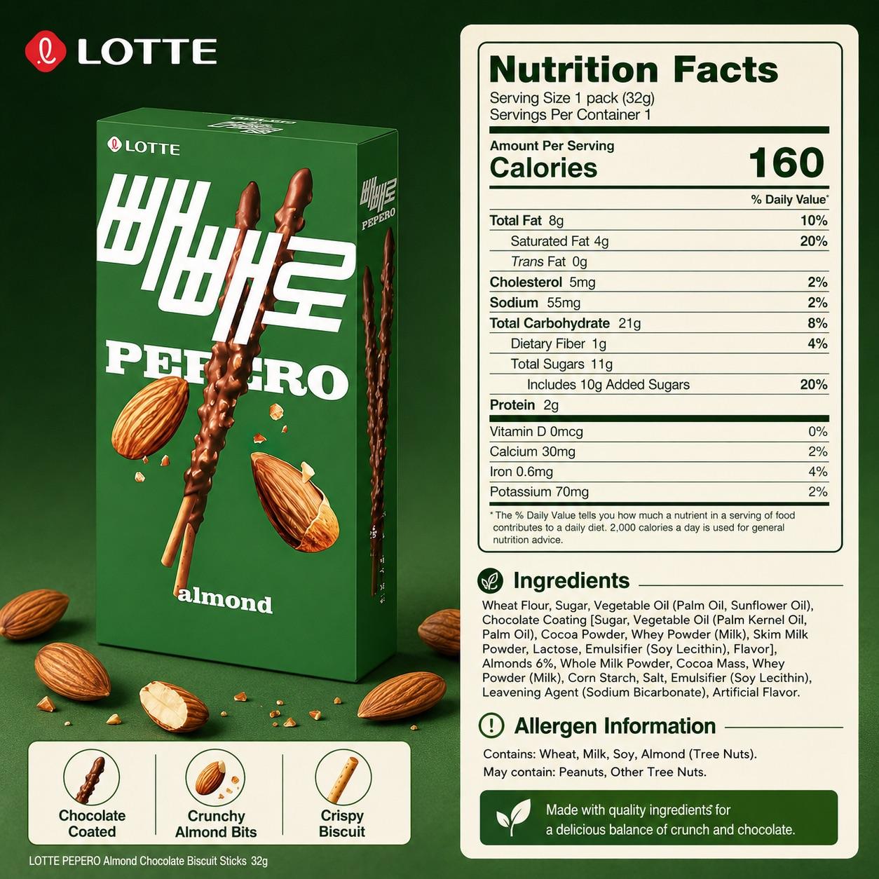 Lotte Pepero Almond Chocolate Biscuit Sticks 32g